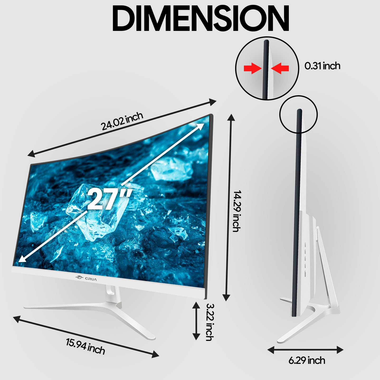 CRUA Monitor blanco curvado de 27 pulgadas, Full HD (1920 x 1080P) VA Panel 1800R 100HZ 120% sRGB Monitores profesionales de computadora, 3 lados, sin marco, sin parpadeo, filtro de luz azul, para