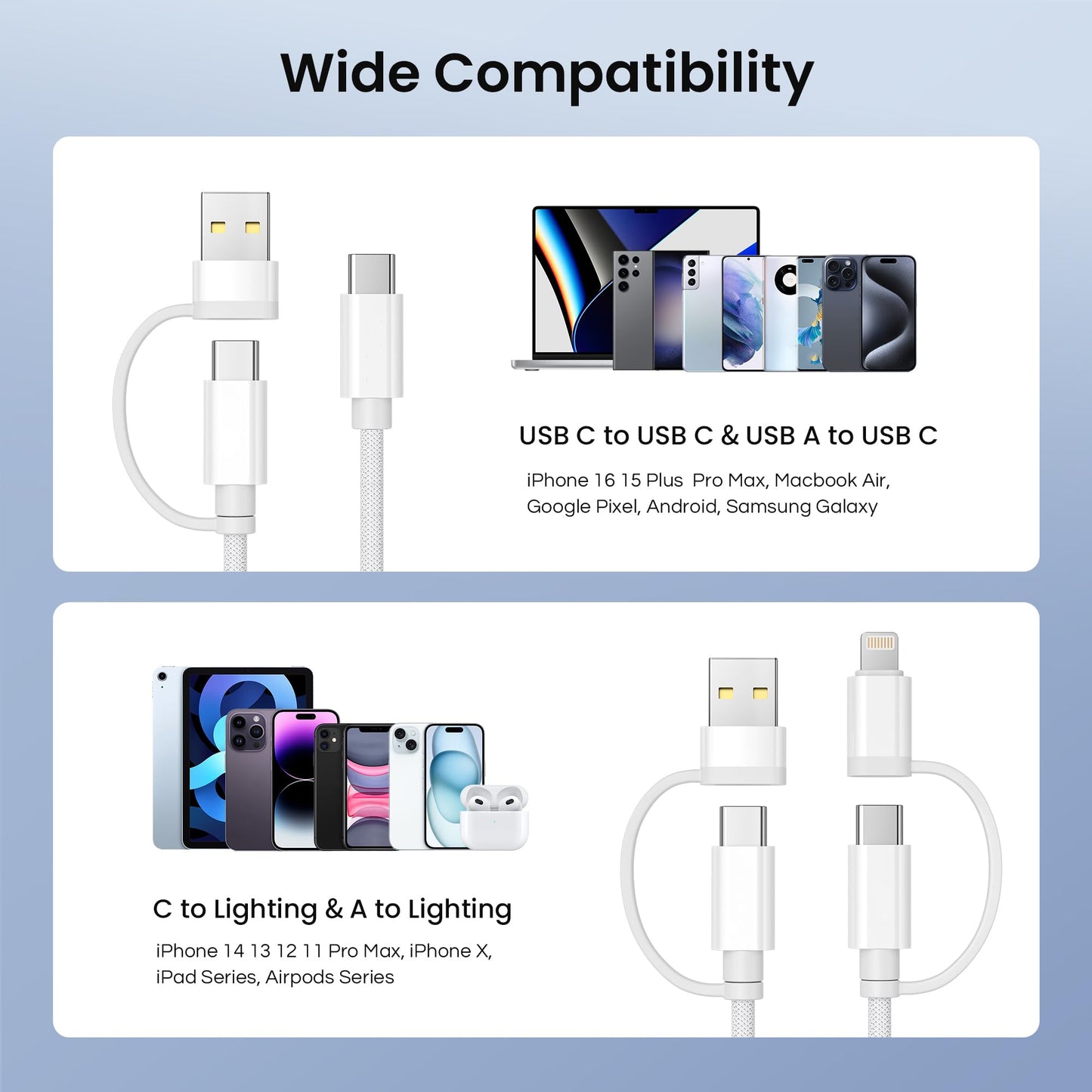 Basesailor Cable cargador múltiple rápido 60W,4 en 1 USB a USBC 2M,con USB A/Lightning/Type C para iPhone 15 14 13 12 11 Mini Max,Apple iWatch 9 8,MacBook Pro,iPad Air,S25 S24 S23 S22 Plus Ultra,16,17