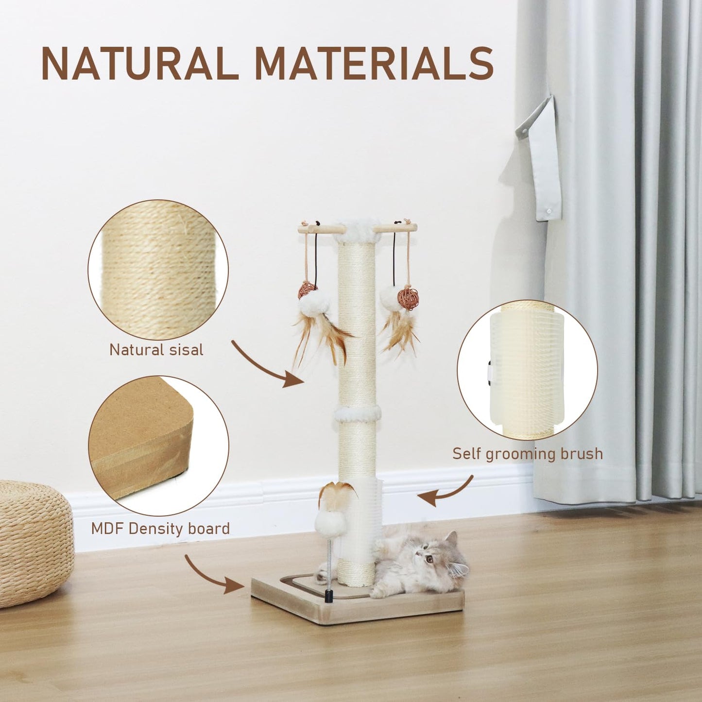 Poste Rascador para Gatos PEEKAB Beige con Bola de Pista y Juguetes para Gatitos de Interior