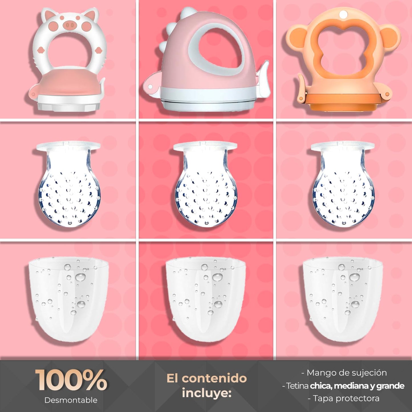 Chupones alimentadores para frutas y papillas con tapa libre de bpa, dibujos animados, 4m+ 3 piezas (pig blanco rosa / dino rosa / monkey naranja)