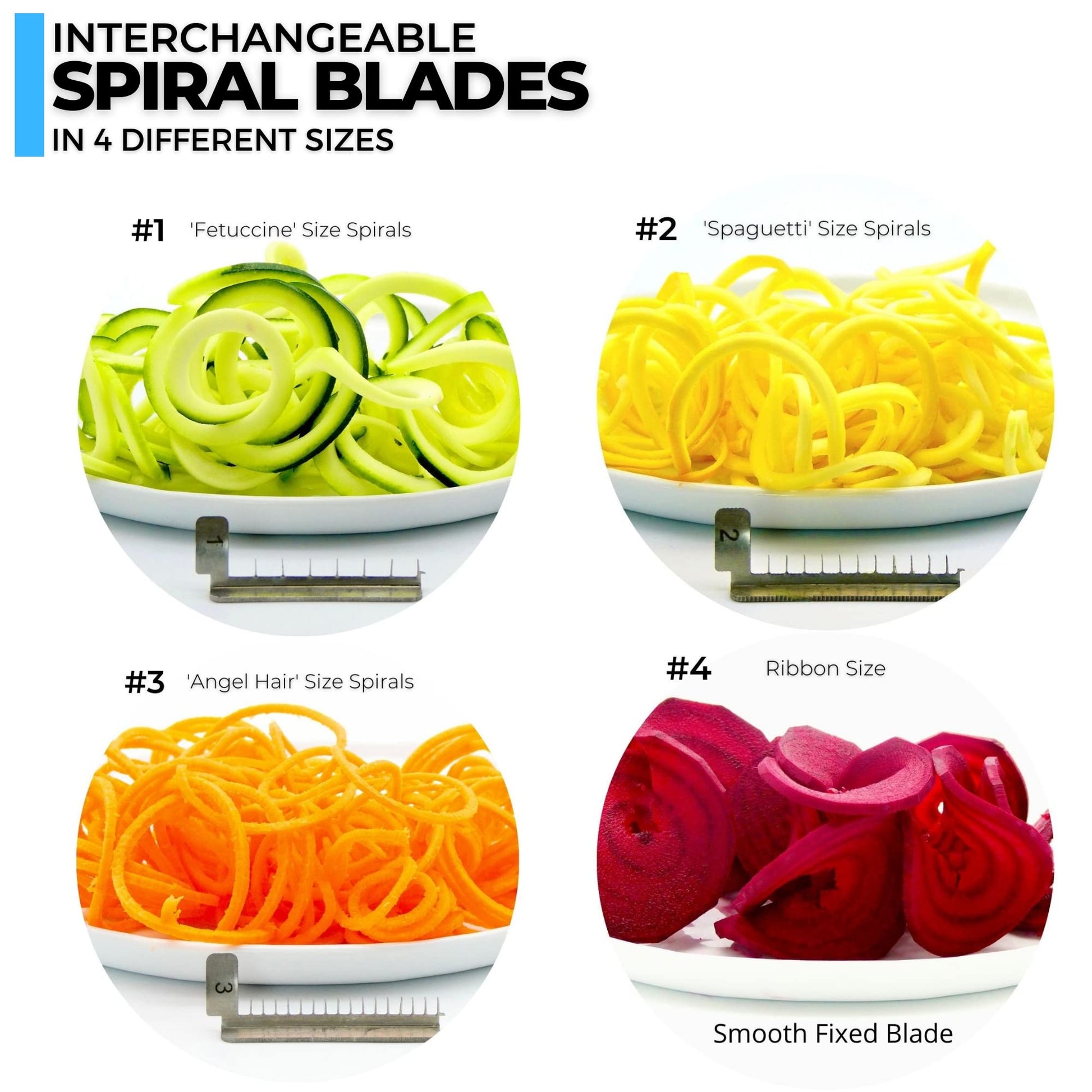 ICO 4-hoja Spiralizer cortador de verduras, más fuerte que todos los cortadores de plástico con 3 cuchillas intercambiables y 1 integrado, negro