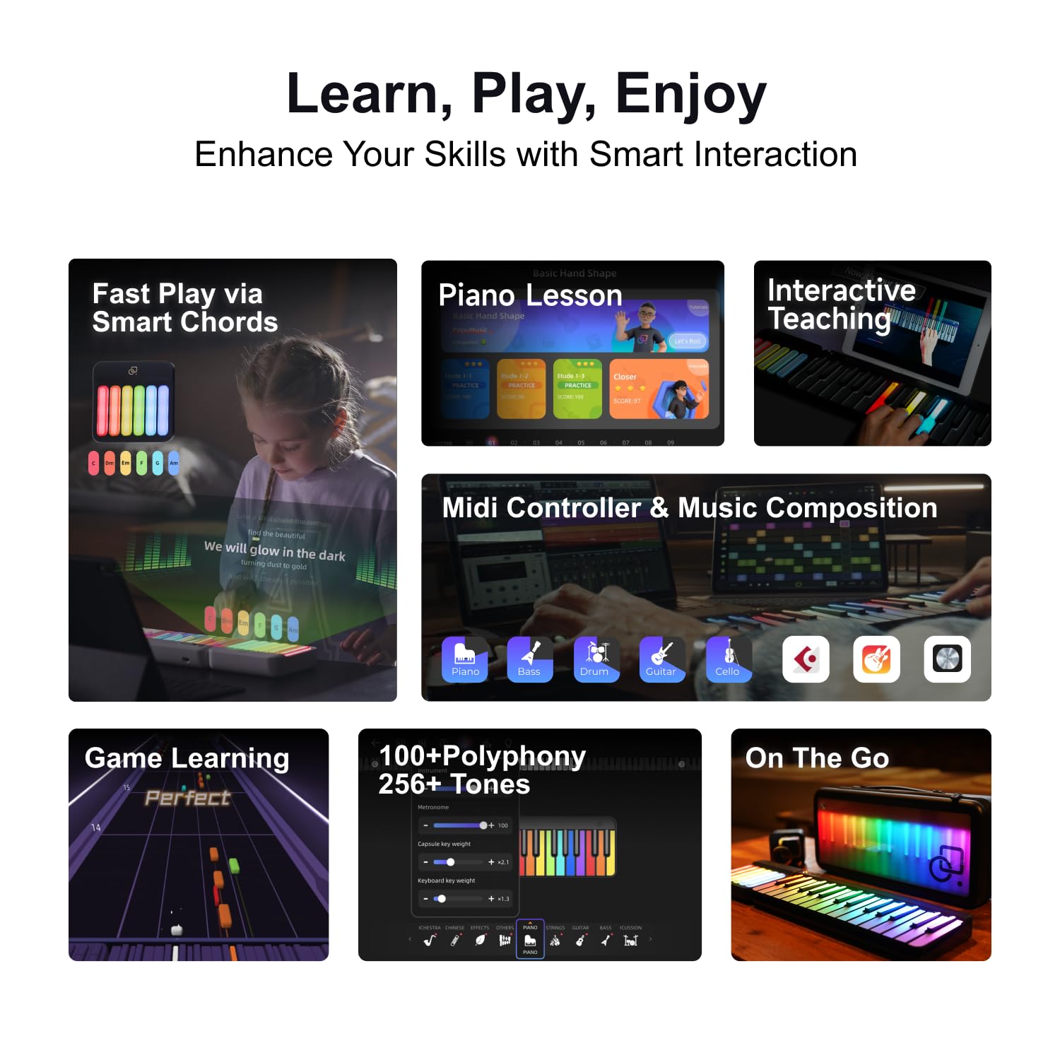 Teclado Digital Inteligente POPUPIANO Negro con Teclas Iluminadas y Driver MIDI, para Aprendizaje y Composición