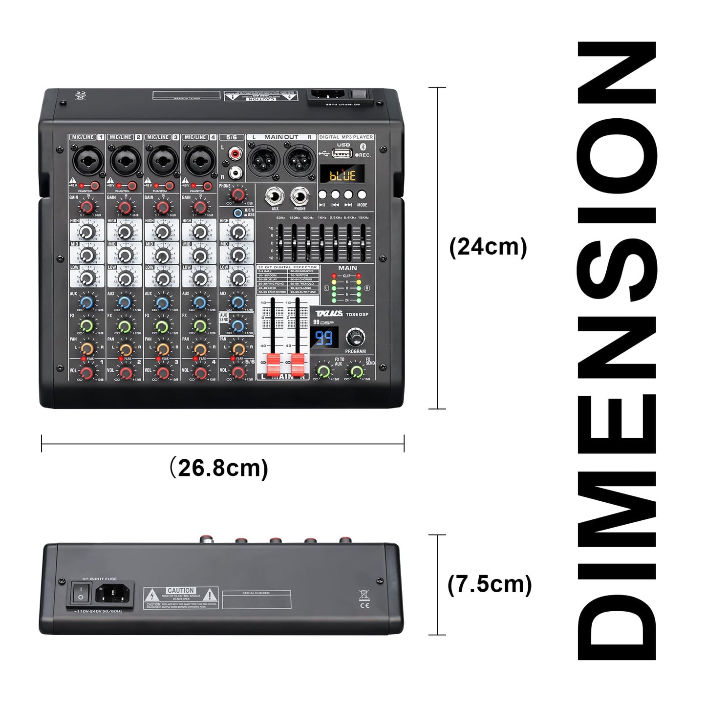 Mezclador de Audio Profesional TKLBLS Mezcla 6 Canales USB DSP Estéreo Phantom Power 48 V