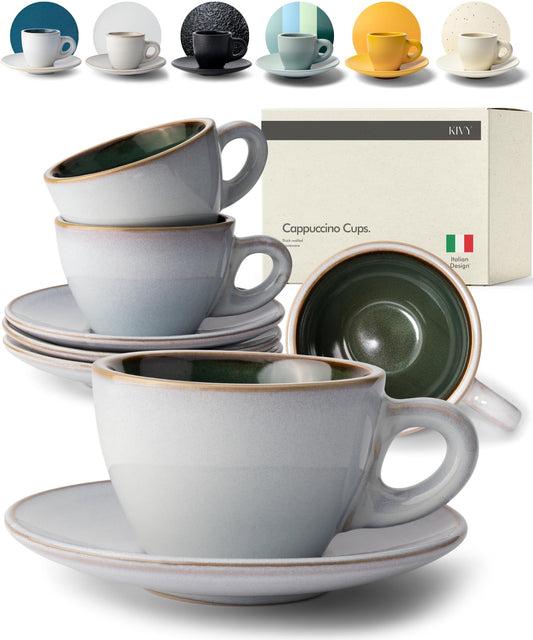 KIVY - Tazas de capuchino [4 x 8 onzas] - Juego de tazas de capuchino de gres de pared gruesa para arte latte - Tazas de latte - Juego de tazas de café - Tazas de café pequeñas - Taza de arte latte -