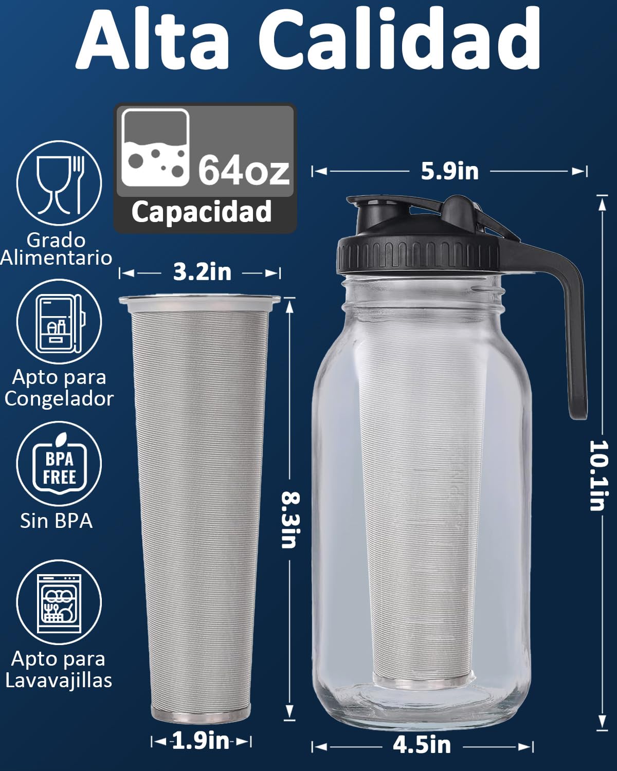 Cafetera Cold Brew Wexlerey Vidrio 64oz Hermética y a Prueba de Fugas con Filtro de Acero Inoxidable para Café, Té y Bebidas de Frutas