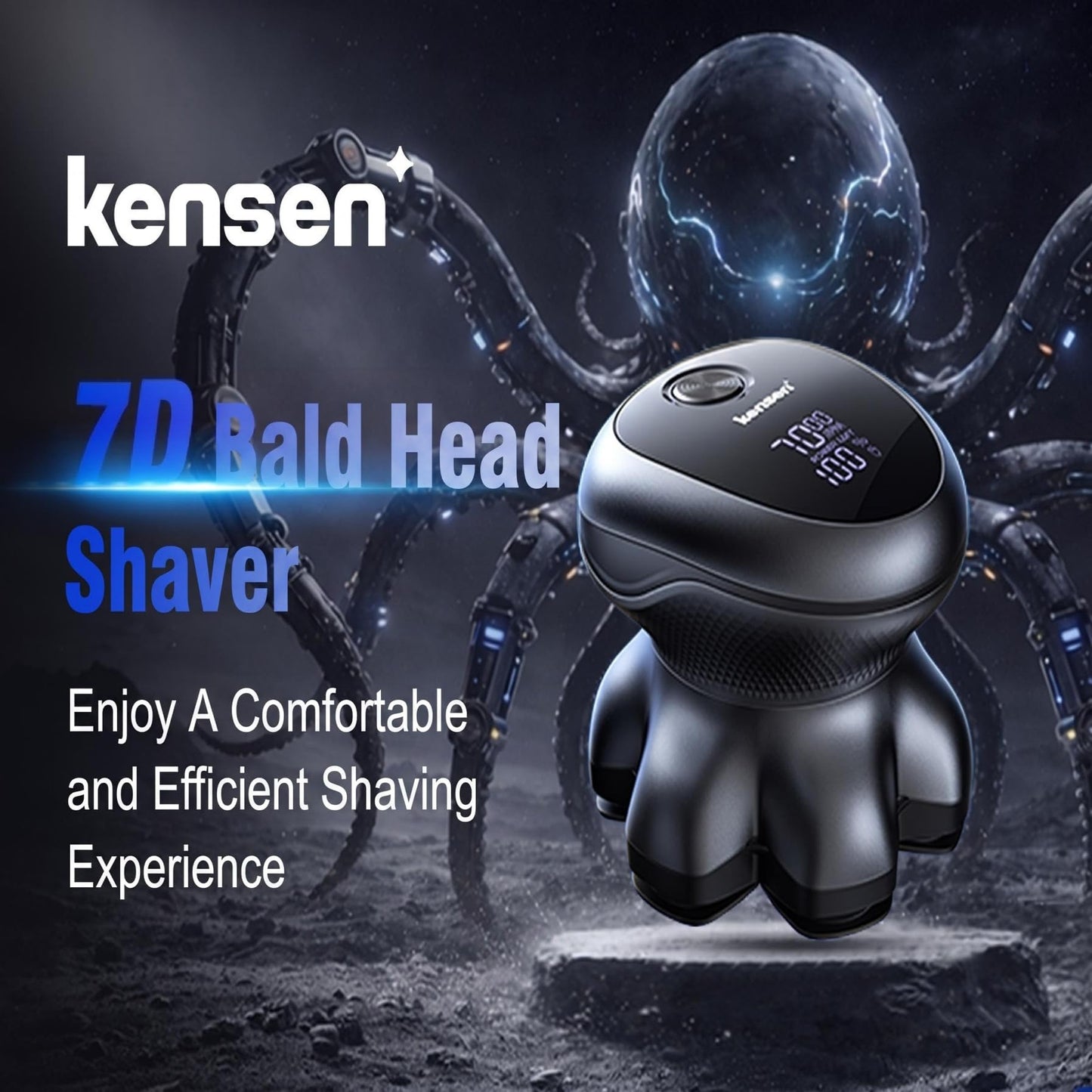 Kensen - Afeitadoras de cabeza 7D para hombres calvos, afeitadora eléctrica de doble velocidad, IPX6, impermeable, para uso húmedo/seco, pantalla LED de afeitado, sin cables, para hombre (gris)