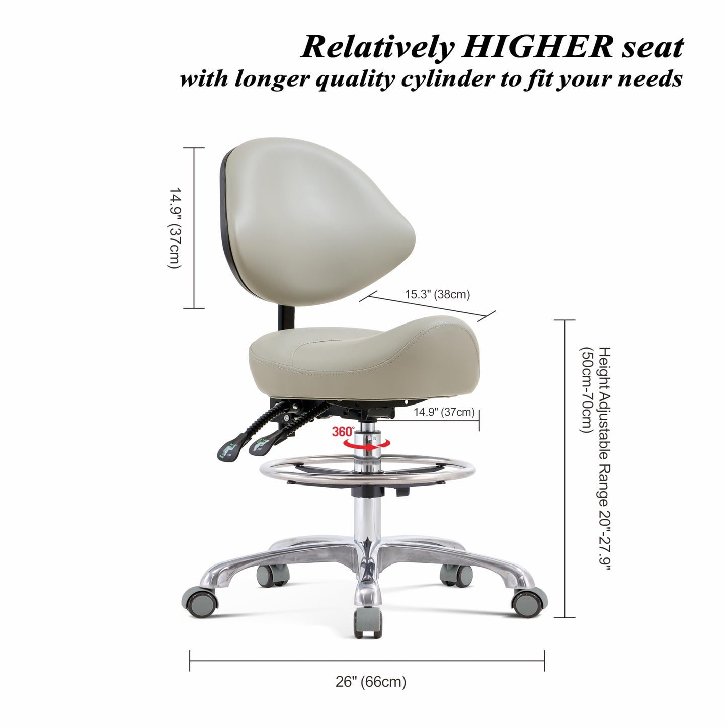 HNKastela Taburete ergonómico con Soporte Trasero, Taburete de Altura Ajustable con Ruedas, para salón de Masaje, Cocina médica (con Respaldo, Gris Claro)