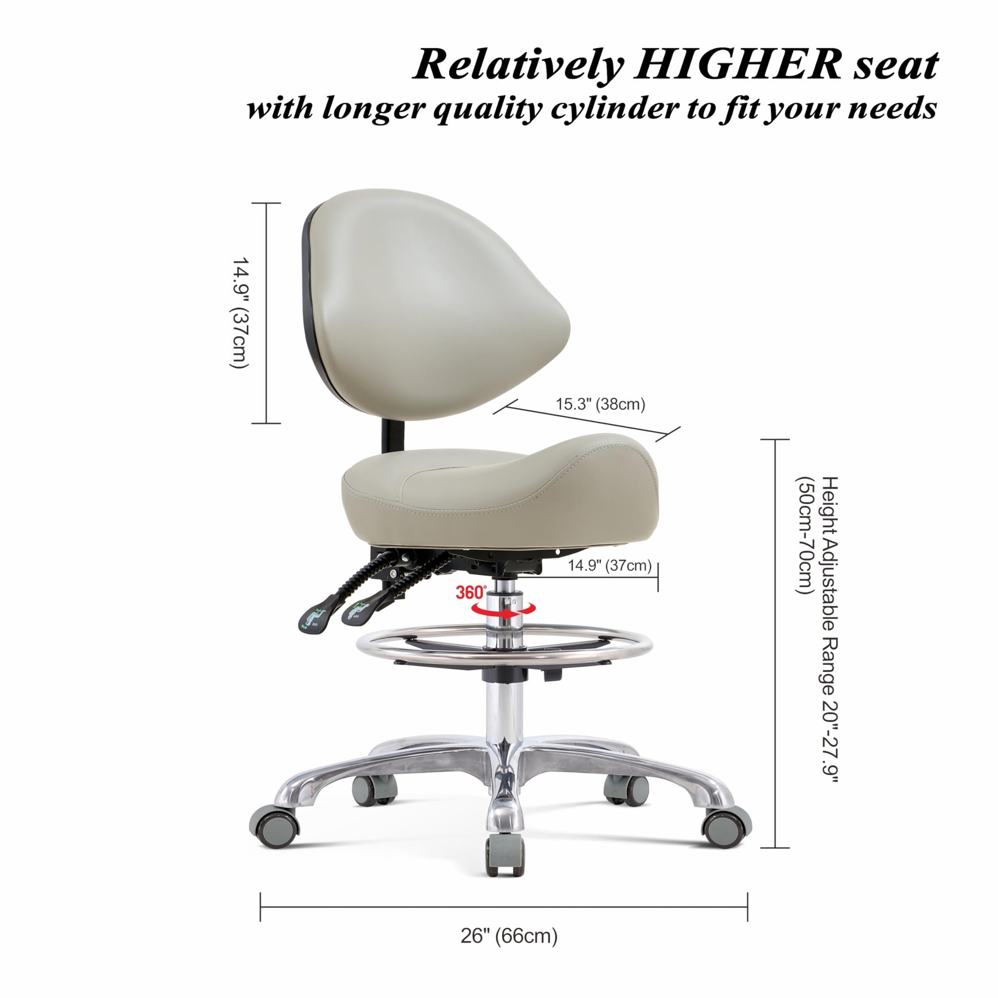 HNKastela Taburete ergonómico con Soporte Trasero, Taburete de Altura Ajustable con Ruedas, para salón de Masaje, Cocina médica (con Respaldo, Gris Claro)