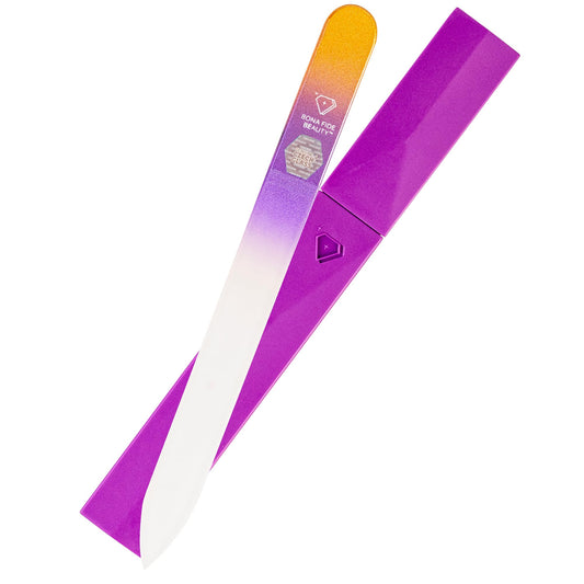 BONA FIDE BEAUTY - Lima de vidrio para uñas, grano 180, mediano, dorado/violeta, vidrio checo, esencial para el cuidado de uñas