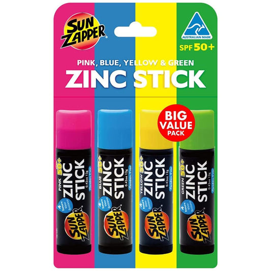 Fotoprotector Mineral en Barra Sun Zapper Arcoiris SPF 50+ Rosa Azul Amarillo Verde Paquete de 4