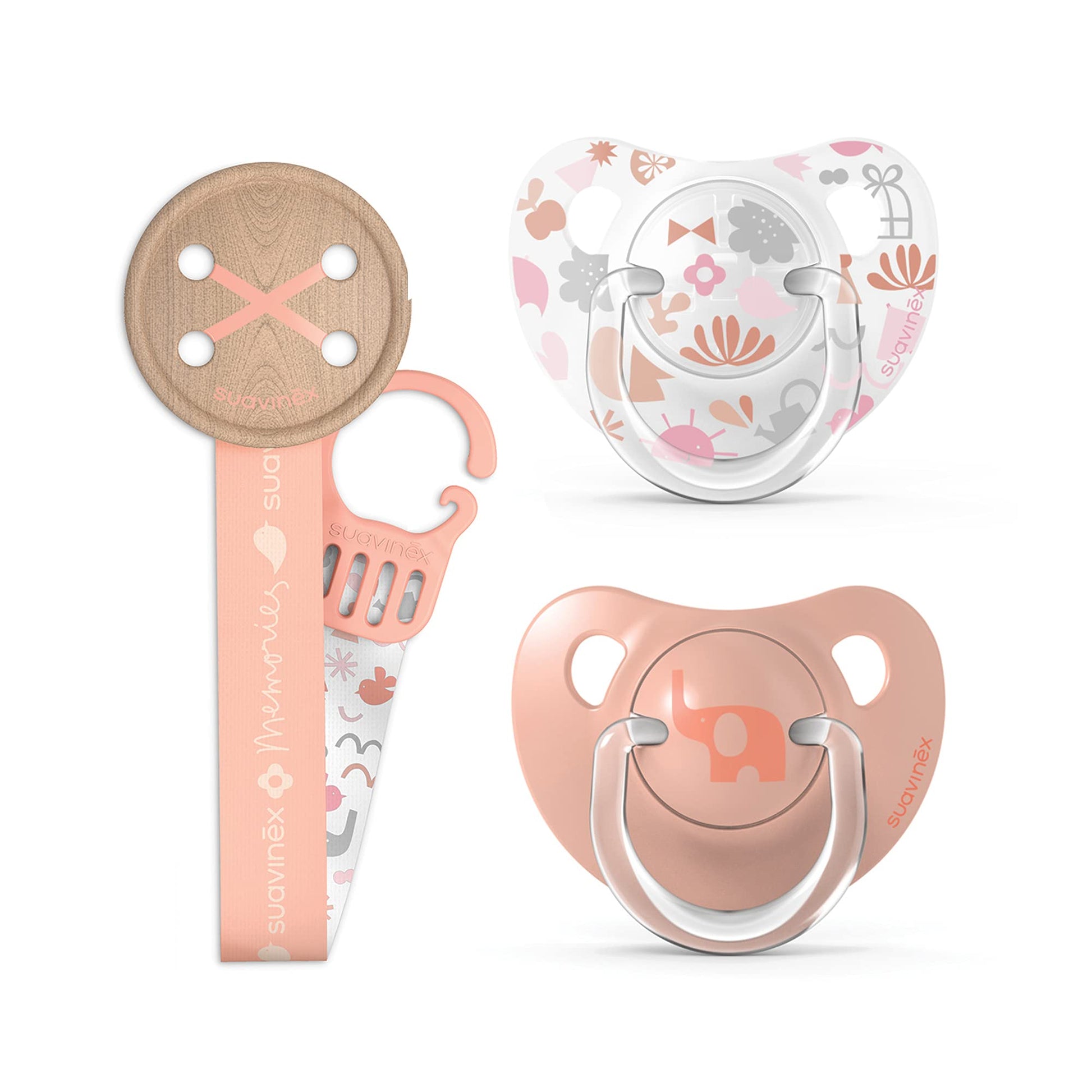 Set de Clip y Chupón Anatómico Suavinex Rosa "Memories" 6-18 Meses 3 Piezas