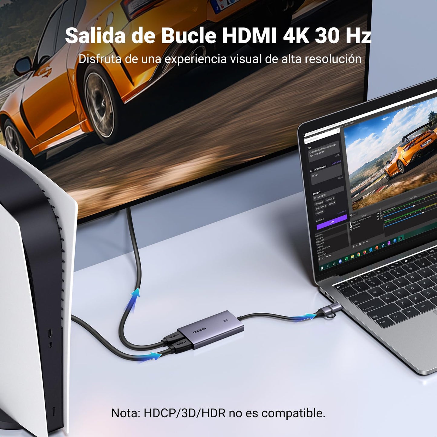 UGREEN 4K Capturadora de Video HDMI, 2K@30Hz 1080P@60fps Grabación de Juegos Passthrough Loop-out para Transmisión, Compatible con Switch 2, PS5, Xbox, PC, Mac