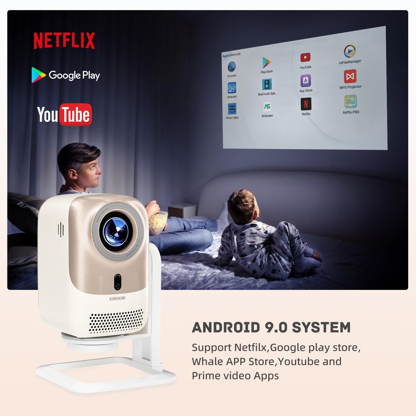 Kinhank Proyector inteligente con WiFi 6 y BT5.2, proyector de película portátil, 450 lúmenes ANSI, 4K nativo 1080P, enfoque automático y piedra clave automática, compatible con iOS/Android/HDMI