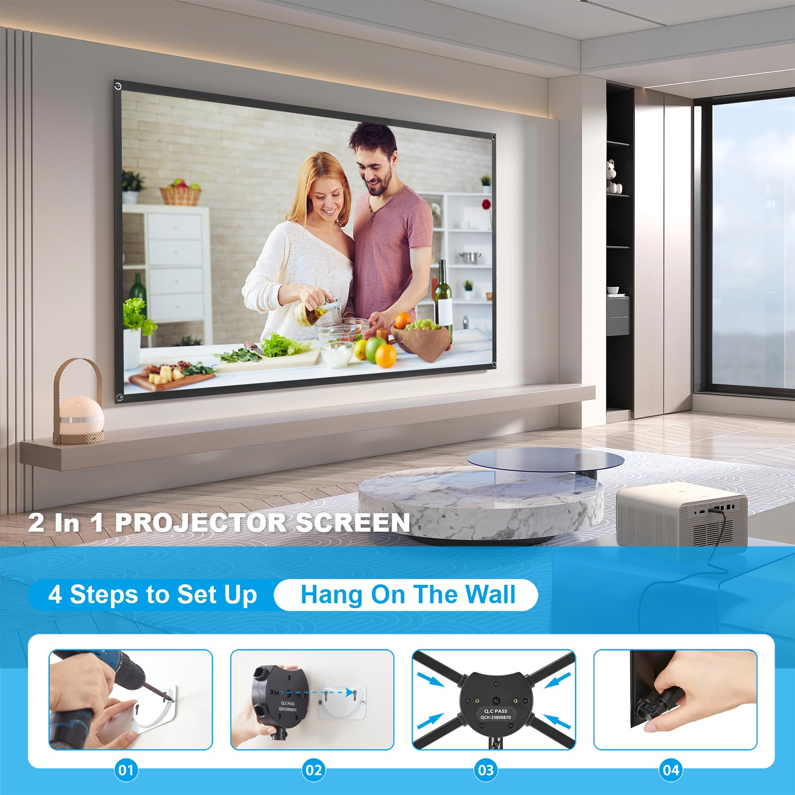 Pantalla de Proyector con Trípode, Pantalla de Proyector Portátil de 80 Pulgadas, 16:9, Pantalla de Proyección 4K HD, Ligera y Compacta, Ideal para Cine en Casa, Películas de Interior/Exterior.