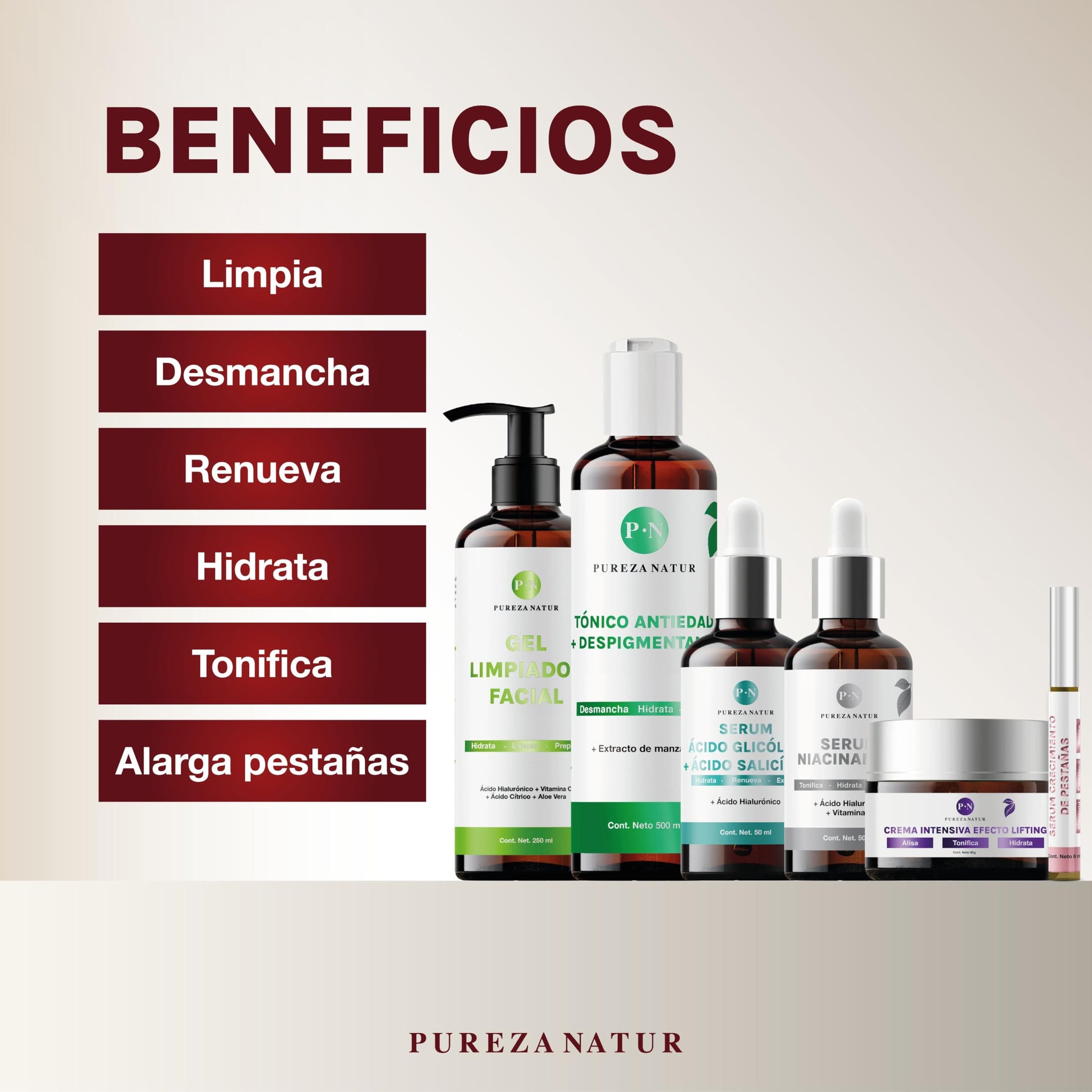 Kit Facial Edición limitada Navidad 2024 Serum Niacinamida, Ácido glicólico + Salicílico y pestañas. Crema lifting, Gel limpiador, Tónico antimanchas anti-edad | Paquete completo día y noche regalos para el cuidado de la piel, hidratación y rejuvenecimien