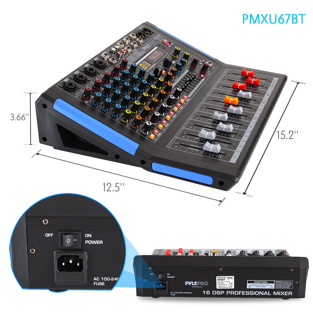 Bluetooth Studio Audio Mixer - Interfaz de controlador de sonido DJ con unidad USB para entrada de grabación de PC, conector de micrófono XLR, alimentación de 48V, entrada / salida para profesionales y principiantes, 6 canales Pro, Negro