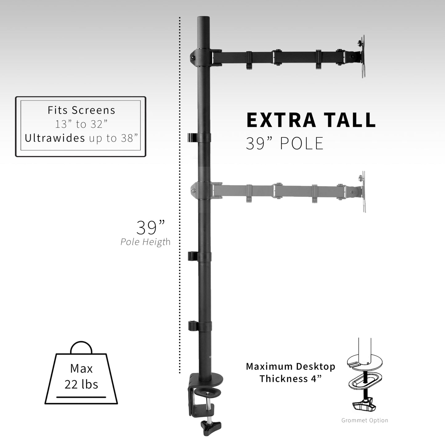Soporte de Escritorio VIVO Negro Extra Alto para Monitor Individual con Poste de 39 Pulgadas para Pantallas de 13 a 32 Pulgadas de hasta 22 Libras con Montaje VESA