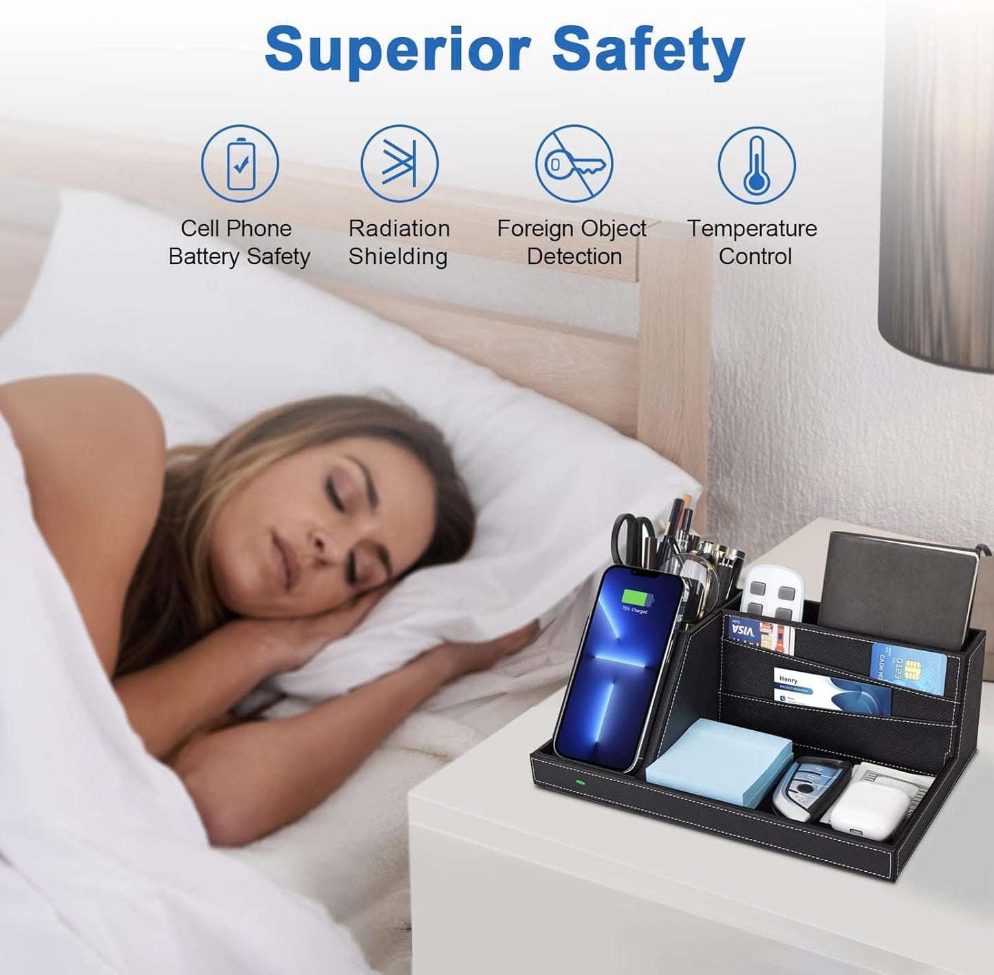 TopMade - Organizador de mesa de noche con cargador inalámbrico, soporte para bolígrafos de piel, suministros de oficina, accesorios de computadora, estación de carga rápida, soporte de control remoto