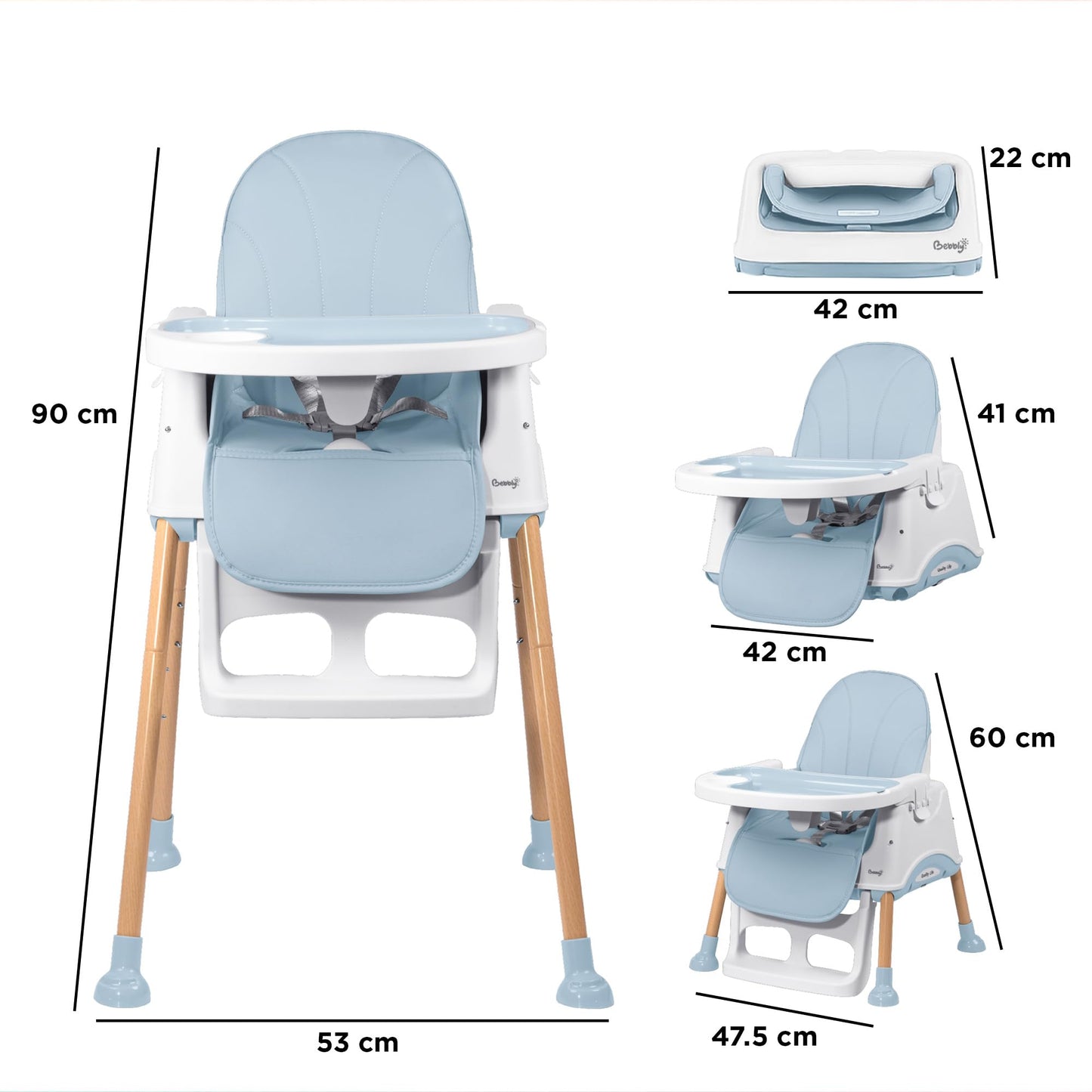 BEBBLY Silla Alta para Bebé con Patas de Madera Antiderrapante Asiento Ergonómico con Charola y Arnés de Seguridad Ideal para Comer o Jugar Niños y Niñas desde 6 Meses Moderna y Fácil de Limpiar (Azul)