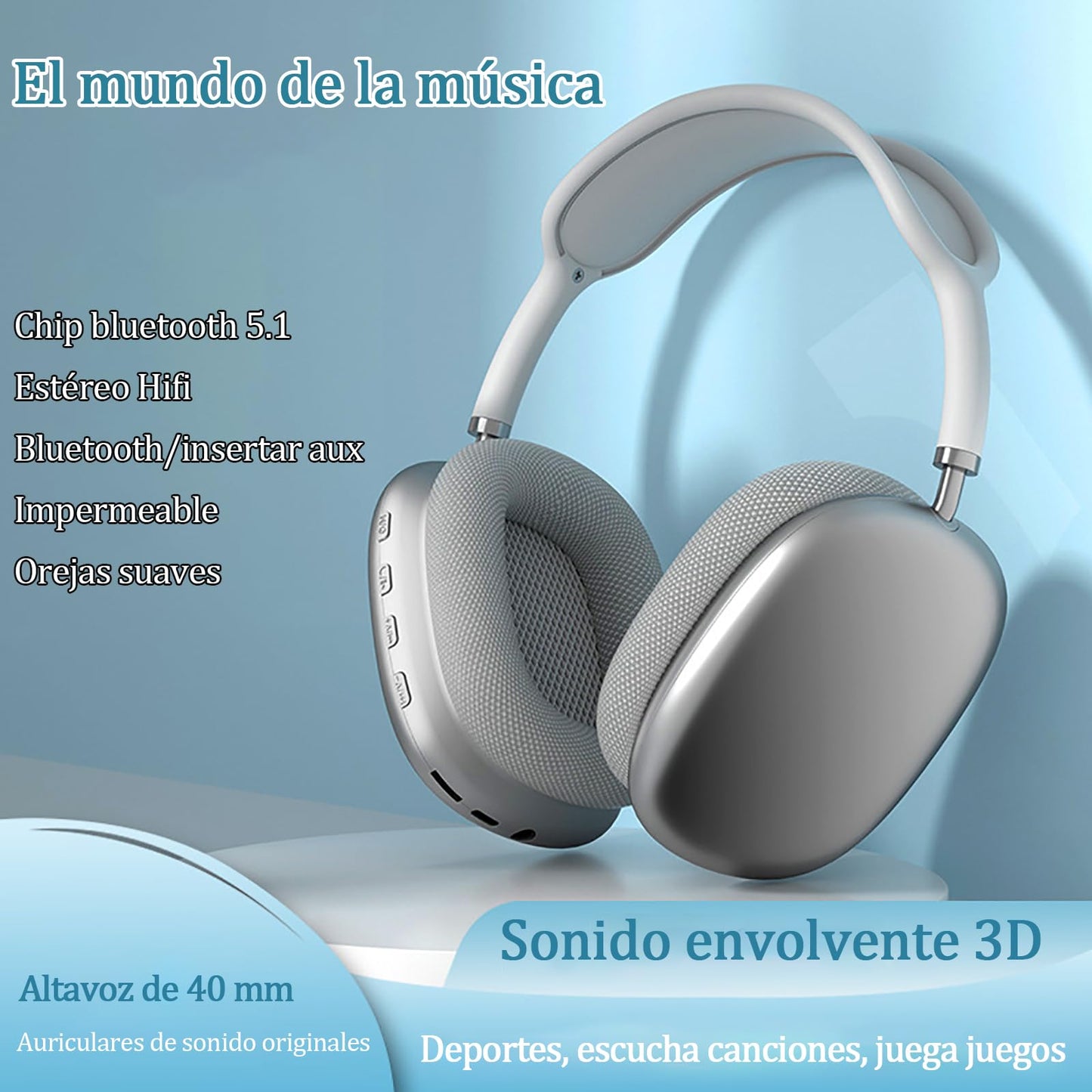 Audífonos inalámbricos on-Ear, Diadema Inalámbricos, Bluetooth 5.1, Micrófono Incorporado para Llamadas, Soporta TF, Conexión de Cable 3.5 mm, hasta 10 Horas, Alcance Inalámbrico de 10 Metros (Plata)