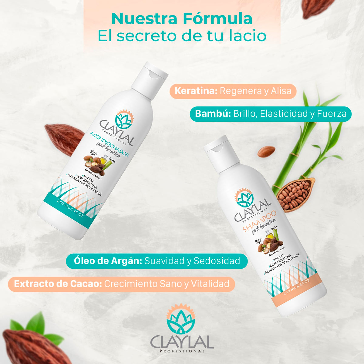 Claylal Professional | Shampoo y Acondicionador Post keratina 250ml c/u | Sin Sal | Tratamiento Post Alaciado con Cacao, Bambú y Aceite de Argán | Hidrata, Repara y Prolonga el Alaciado