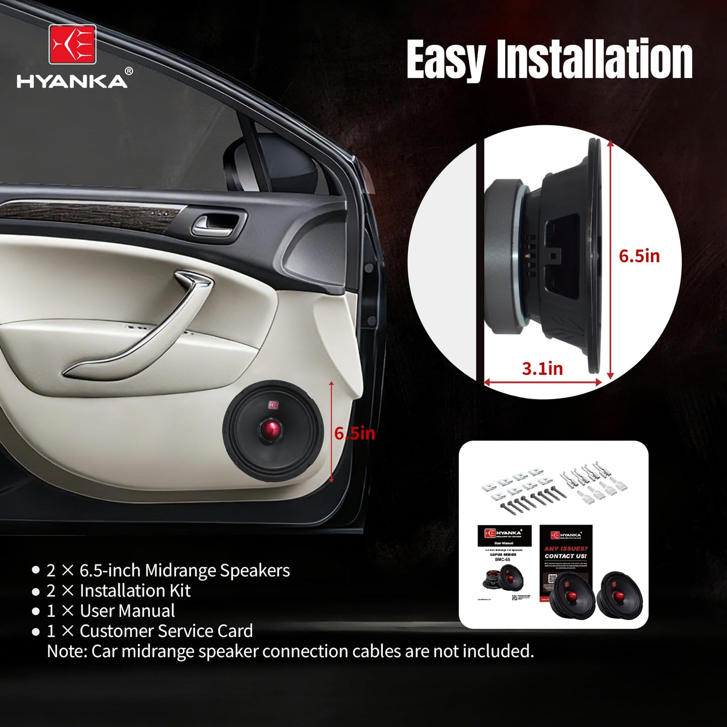 H YANKA BMC-65 6.5 altavoces de rango medio para coche, 480 W, 4 ohmios, diseño de bala con cesta de acero negro, sonido sin distorsión, ideal para coches, camiones y mucho más. (1 par)