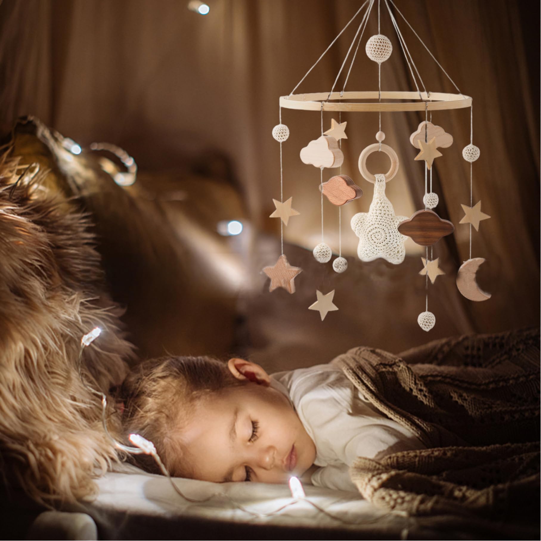 Móvil de Cuna de Madera con Estrellas y Nubes para Bebés para Niñas y Niños
