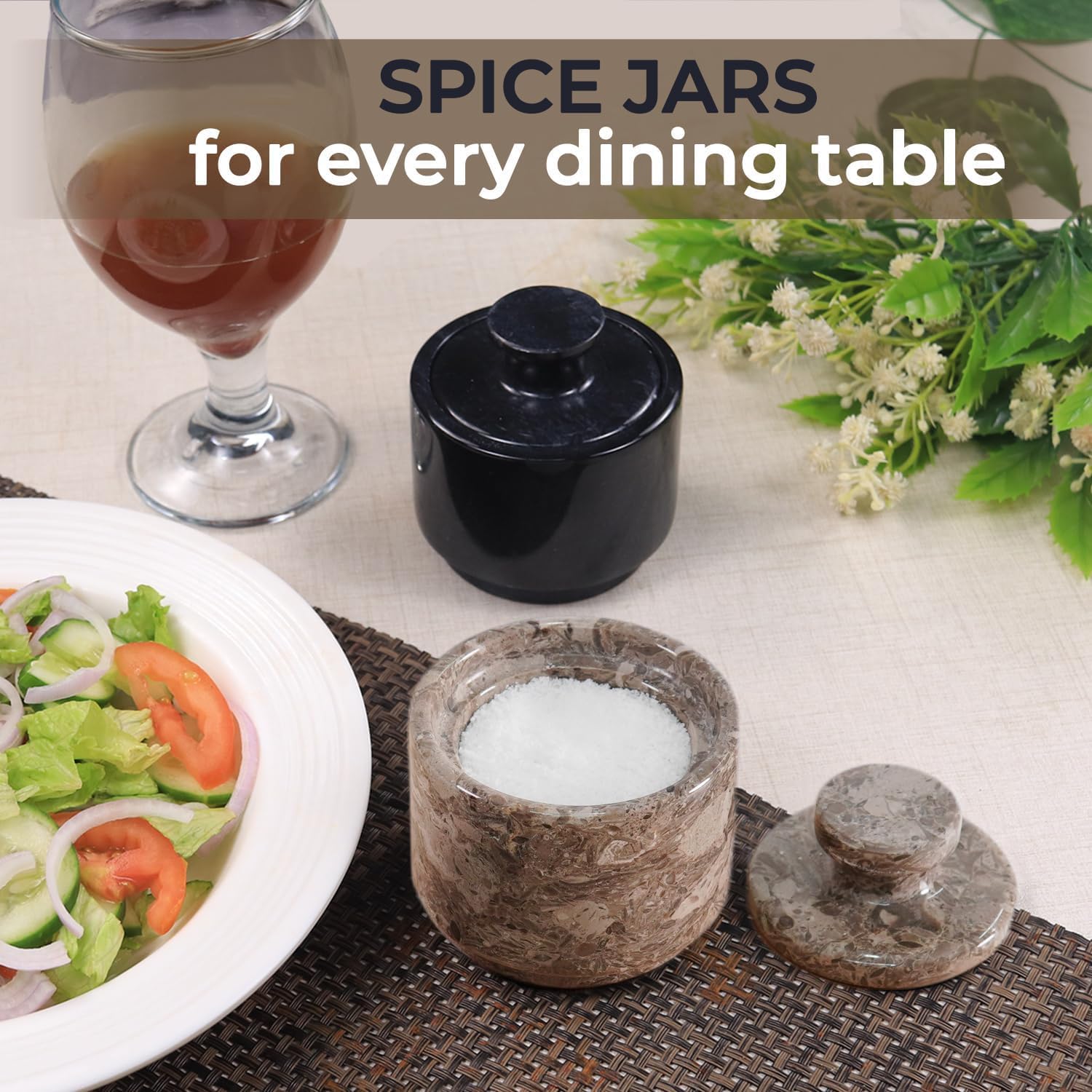 MARBLOUS KRAFTS - Sal de mármol de 3 pulgadas, soporte de sal negra y oceánica con tapa, juego de 2, cuencos de sal y pimienta hechos a mano, cuencos ideales para azúcar, sal y pimienta para