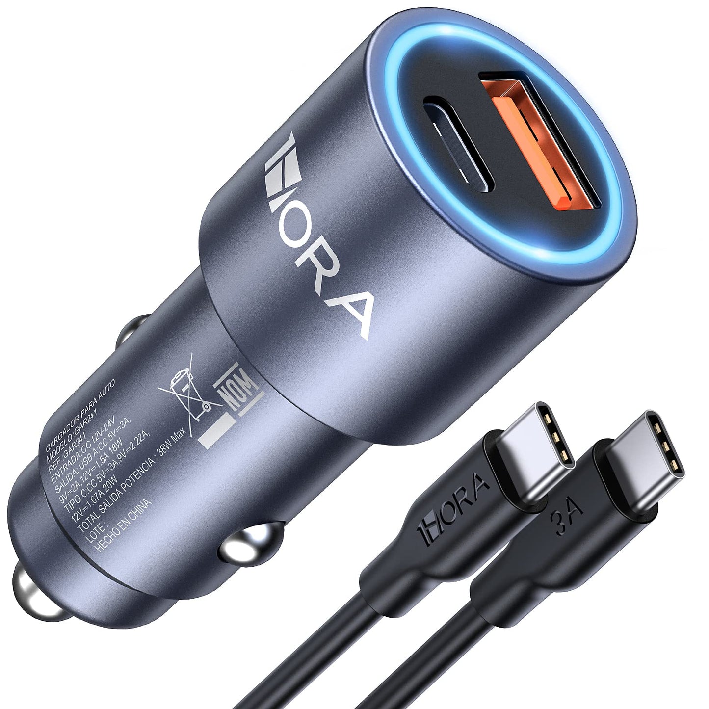 1 Hora Cargador Auto Carga Rapida 38W, Cargador Carro Tipo C PD 20W y QC 3.0 18W con Cable USB C a USB C 3A Compatible con IP 14/13/12 Pro MAX XR Samsung Galaxy S23 S22 S21 Motorola Xiaomi