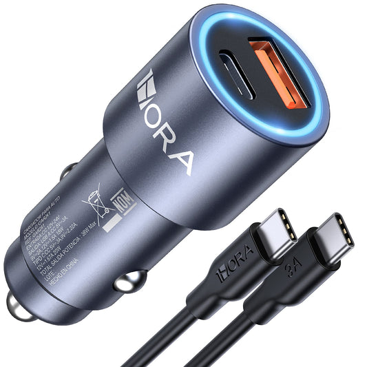 1 Hora Cargador Auto Carga Rapida 38W, Cargador Carro Tipo C PD 20W y QC 3.0 18W con Cable USB C a USB C 3A Compatible con IP 14/13/12 Pro MAX XR Samsung Galaxy S23 S22 S21 Motorola Xiaomi