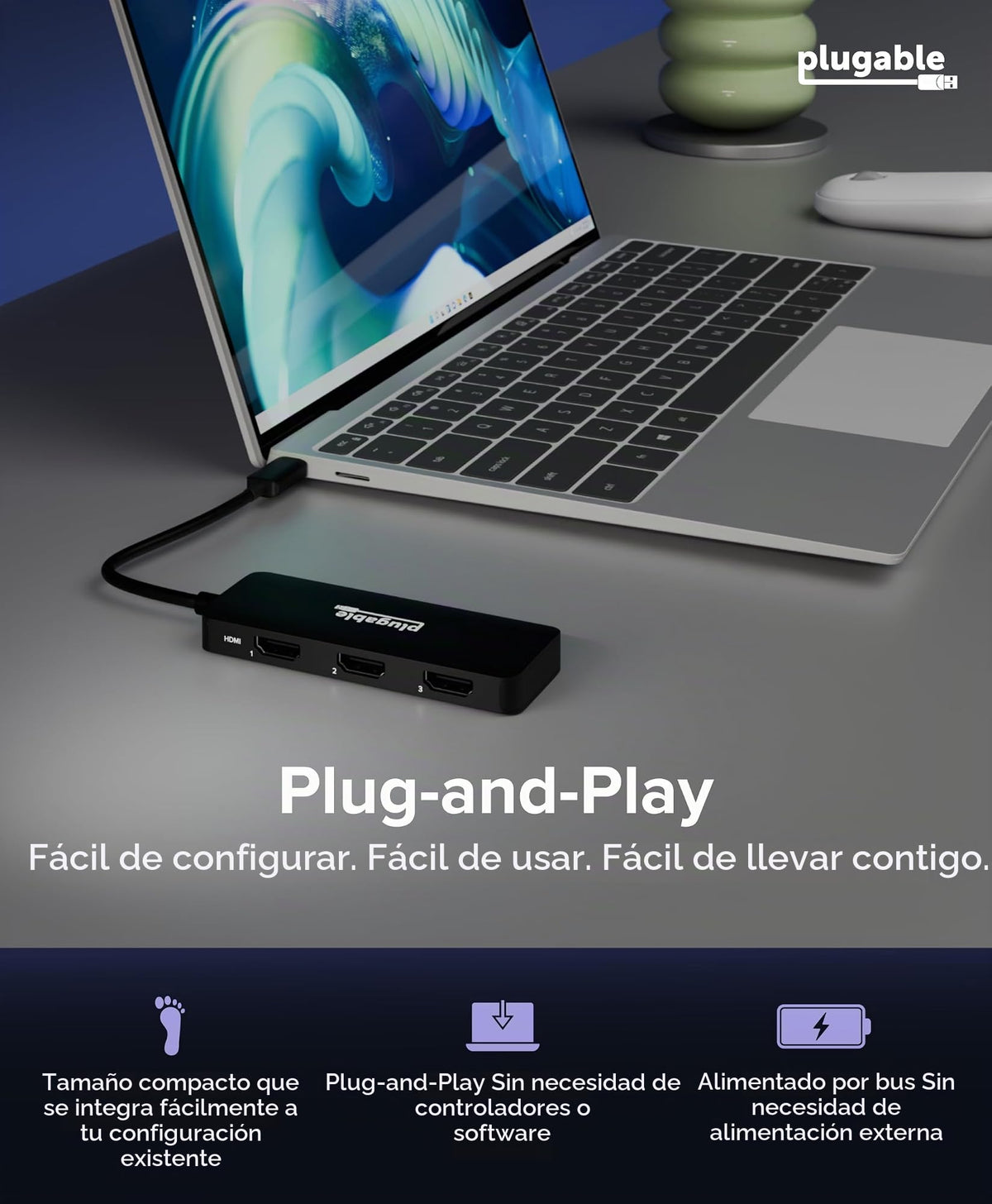 Adaptador USB C Plugable HDMI Tres Pantallas 4K60 Múltiples Monitores