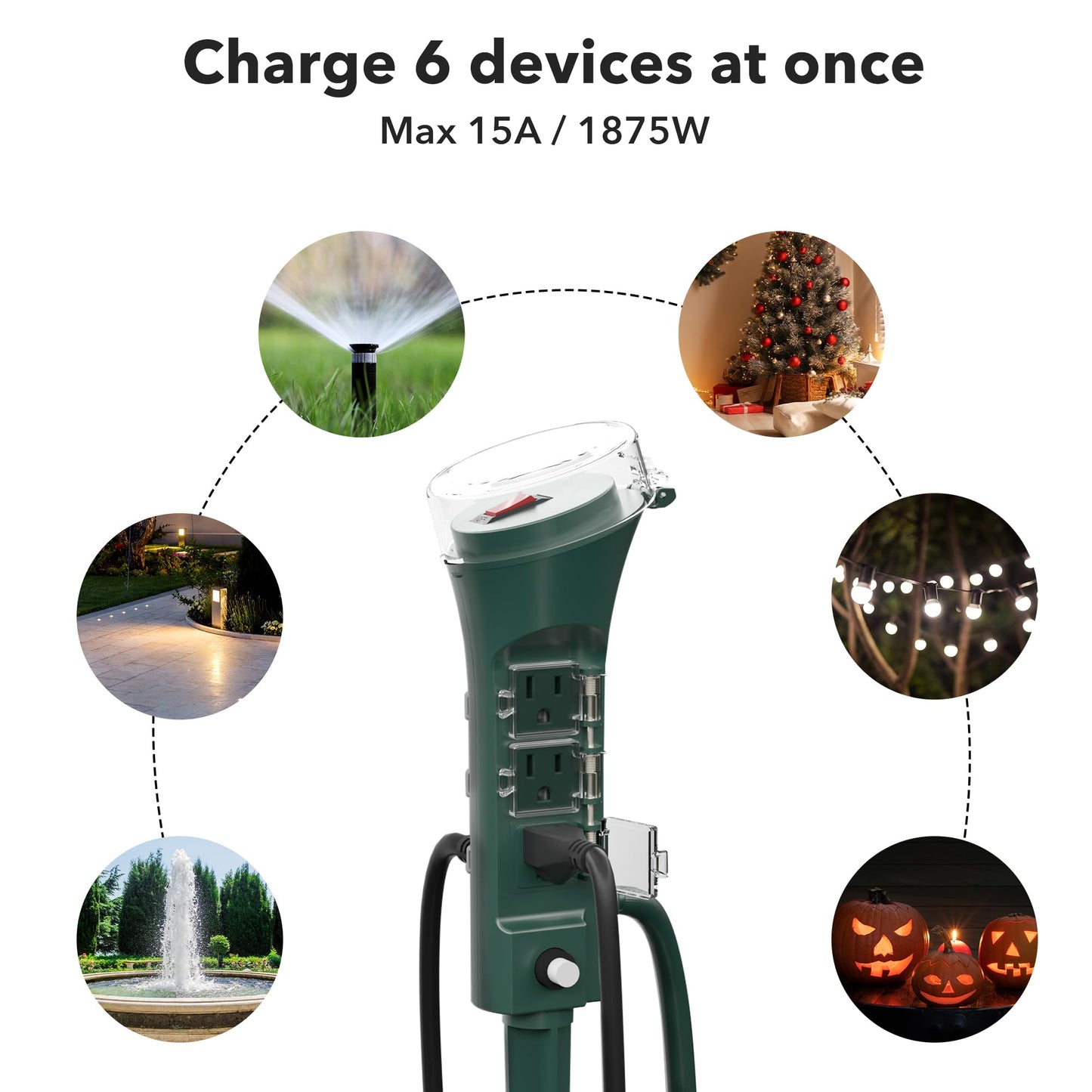 BN-LINK Estaca Eléctrica para Exterior con 6 Tomas, Cable de Extensión de 1.8 m, Regleta con Protección contra Sobrecargas y Tapas Impermeables, Resistente al Agua