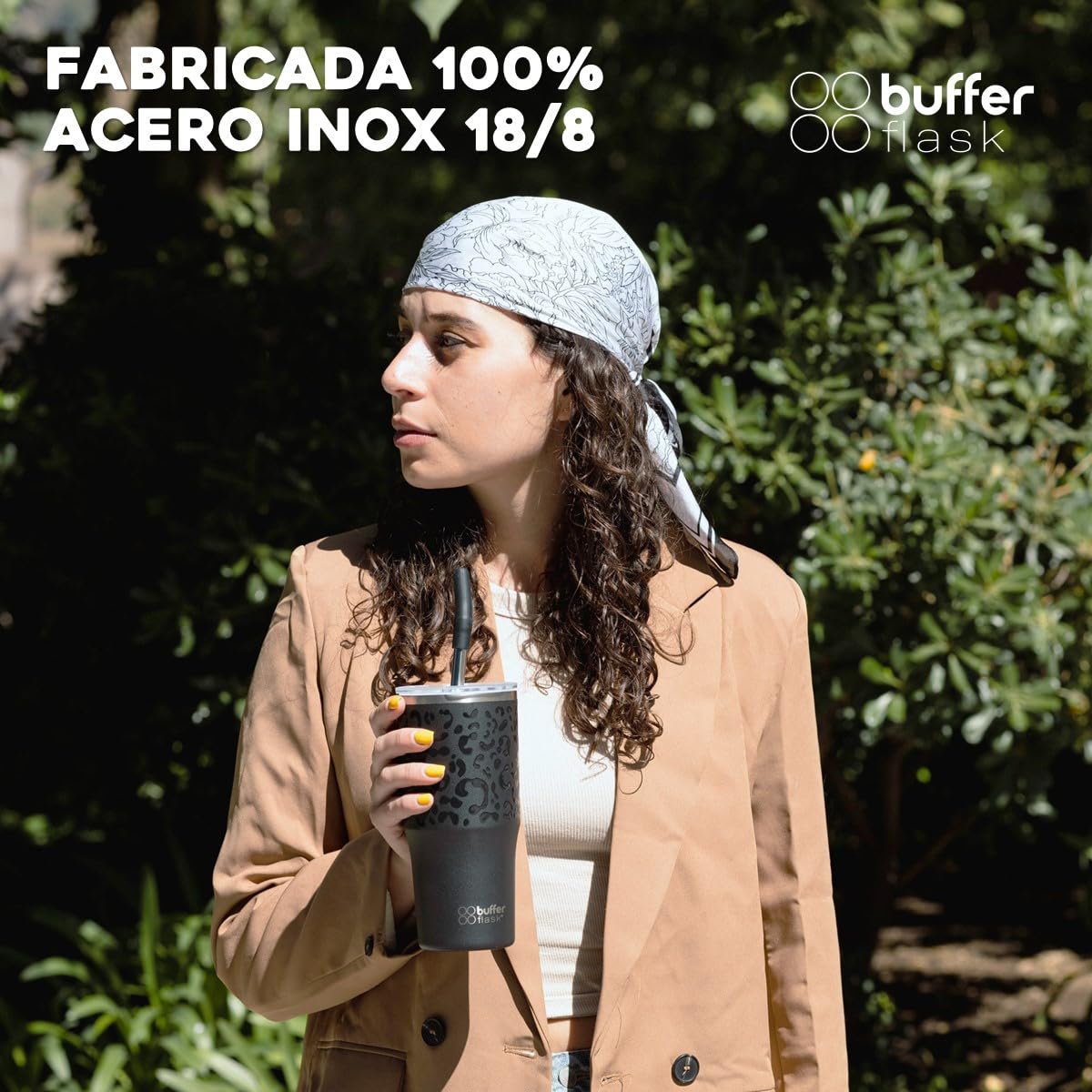 Buffer Flask - Vaso Térmico 700 ml - Termo para Café y Agua de Acero Inoxidable - Tapa Anti Derrame y Fugas - Taza Tumbler Mug para Bebidas Frías y Calientes - Incluye Popote - Color Leopardo Negro