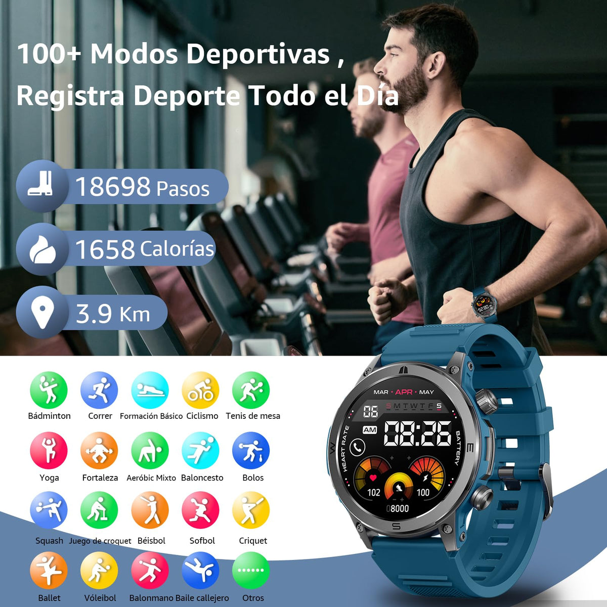 Smartwatch FreshFun AMOLED 1.43 Pulgadas Bluetooth Hombre Azul Impermeable IP67 Monitor Cardíaco y Sueño 100+ Modos Deportivos