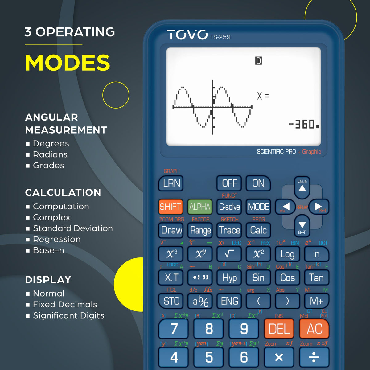 Calculadora Científica TOVO TS-259 Negra con Visualización Grande y Funciones Gráficas Avanzadas