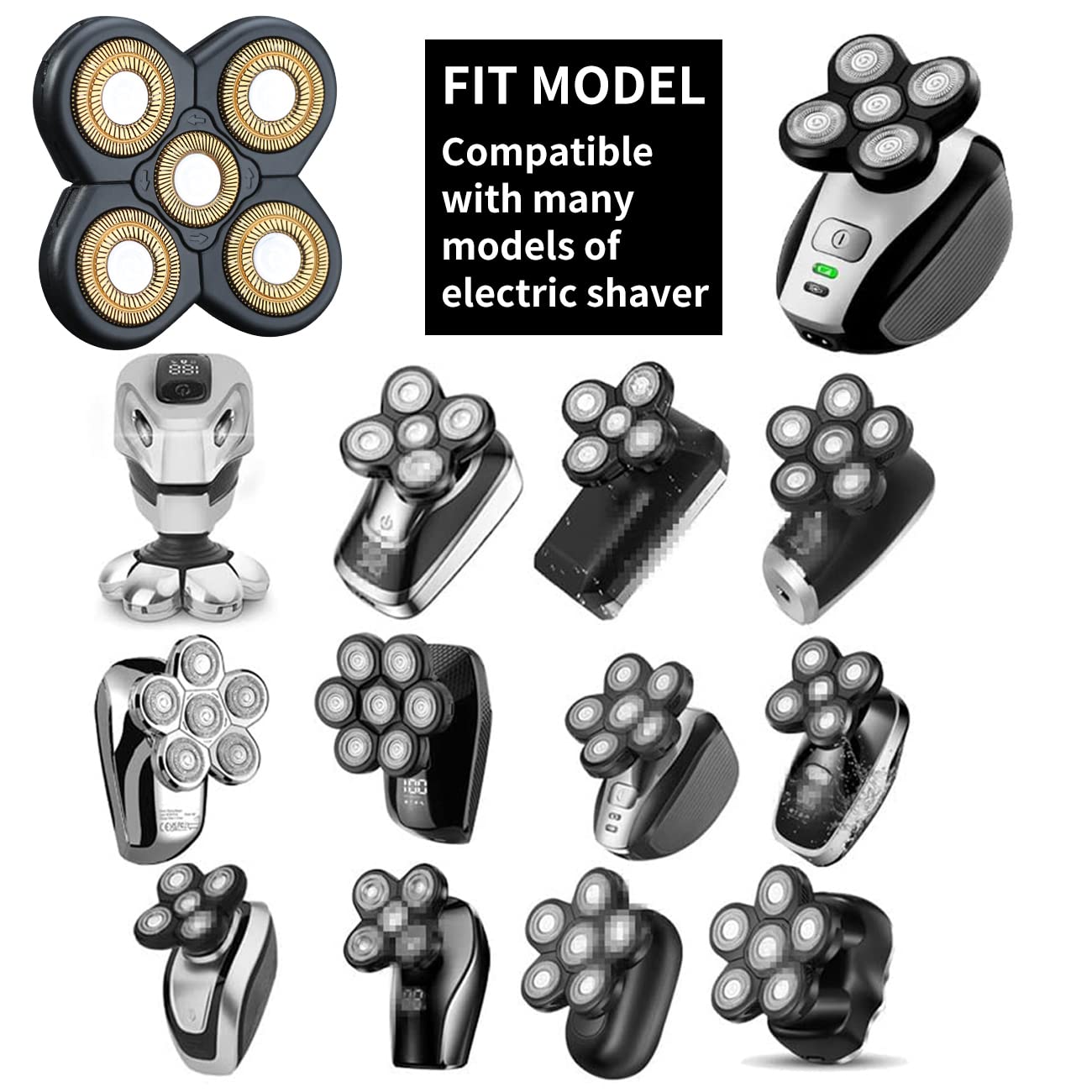 Cabezales de repuesto para afeitadora de cabeza de 5 cuchillas, cuchillas de repuesto universales para afeitadora de cabeza de cuchilla eléctrica para hombres (oro 5D)