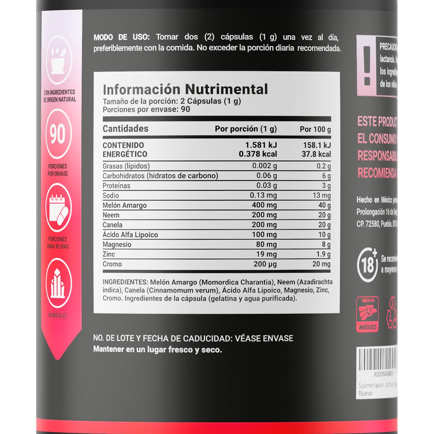 Cápsulas Naturales BSS B Life Melón Amargo Neem Canela 500 mg