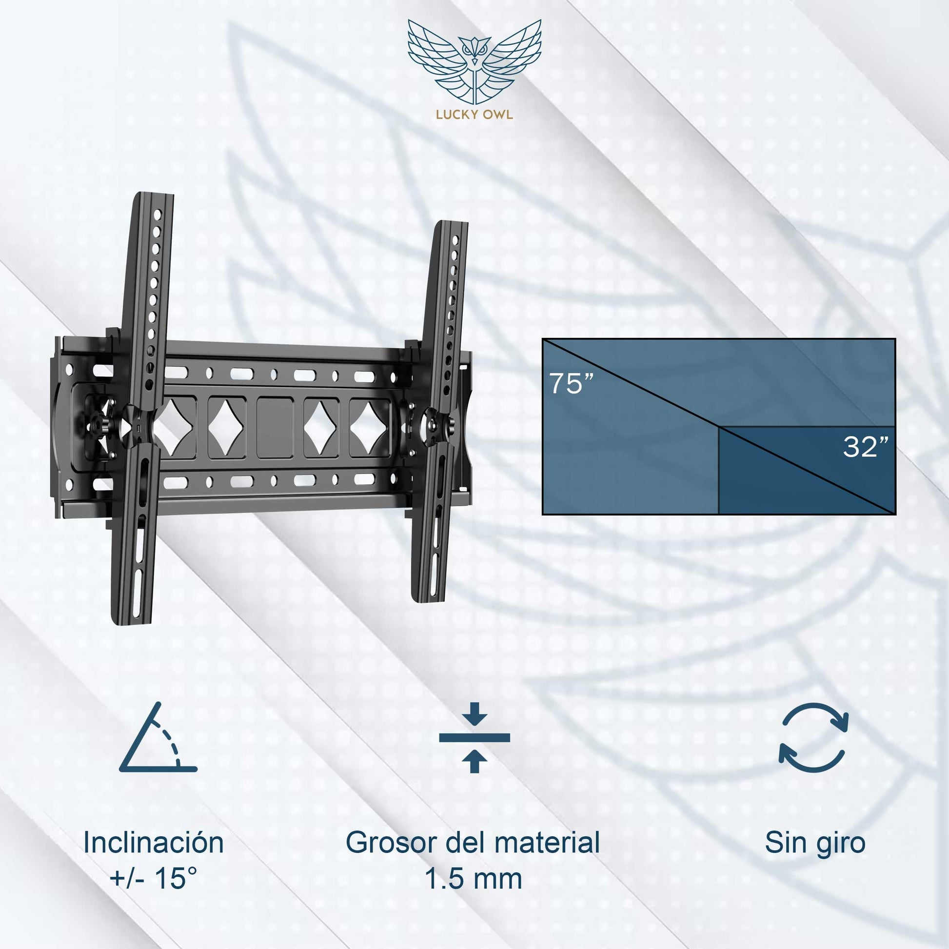 Lucky Owl Soporte de TV inclinable de 32 40 43 50 55 60 65 70 75 Pulgadas, Montaje en Pared, Dimensión 1.5mm, Carga máxima de 75kg, VESA 600X400, Material Reforzado.