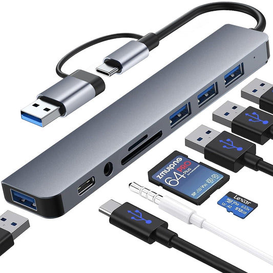 Hub USB C de 8 Puertos,Adaptador USB C Multipuerto,1 USB 3.0, 3 USB 2.0, Jack 3,5mm, USB C Datos Puerto, Lector Tarjeta SD/TF, para MacBook, Mac Pro, iMac, Surface Pro, XPS, PC,Flash Drive, Mobile HDD