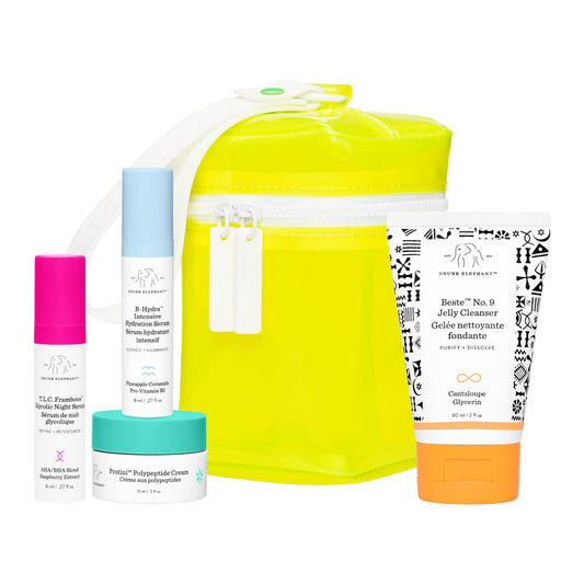 Drunk Elephant Littles Night Out Evening Skin Kit - Juego de cuidado de la piel nocturna, mejor limpiador de gelatina No. 9, T.L.C. Framboos suero glicólico nocturno, suero de hidratación intensiva B-Hydra, crema de péptidos Protini
