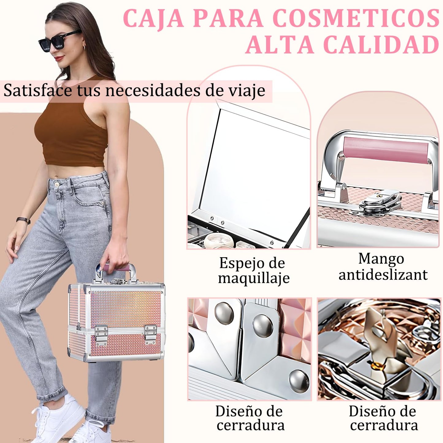 SIJEW Estuche de Tren de Maquillaje, Caja de Viaje Para Cosméticos, Caja Organizadora de Maquillaje con Espejo, 3 Bandejas, Oro Rosa, Organizador de Joyas Con Cerradura Portátil (Negro)