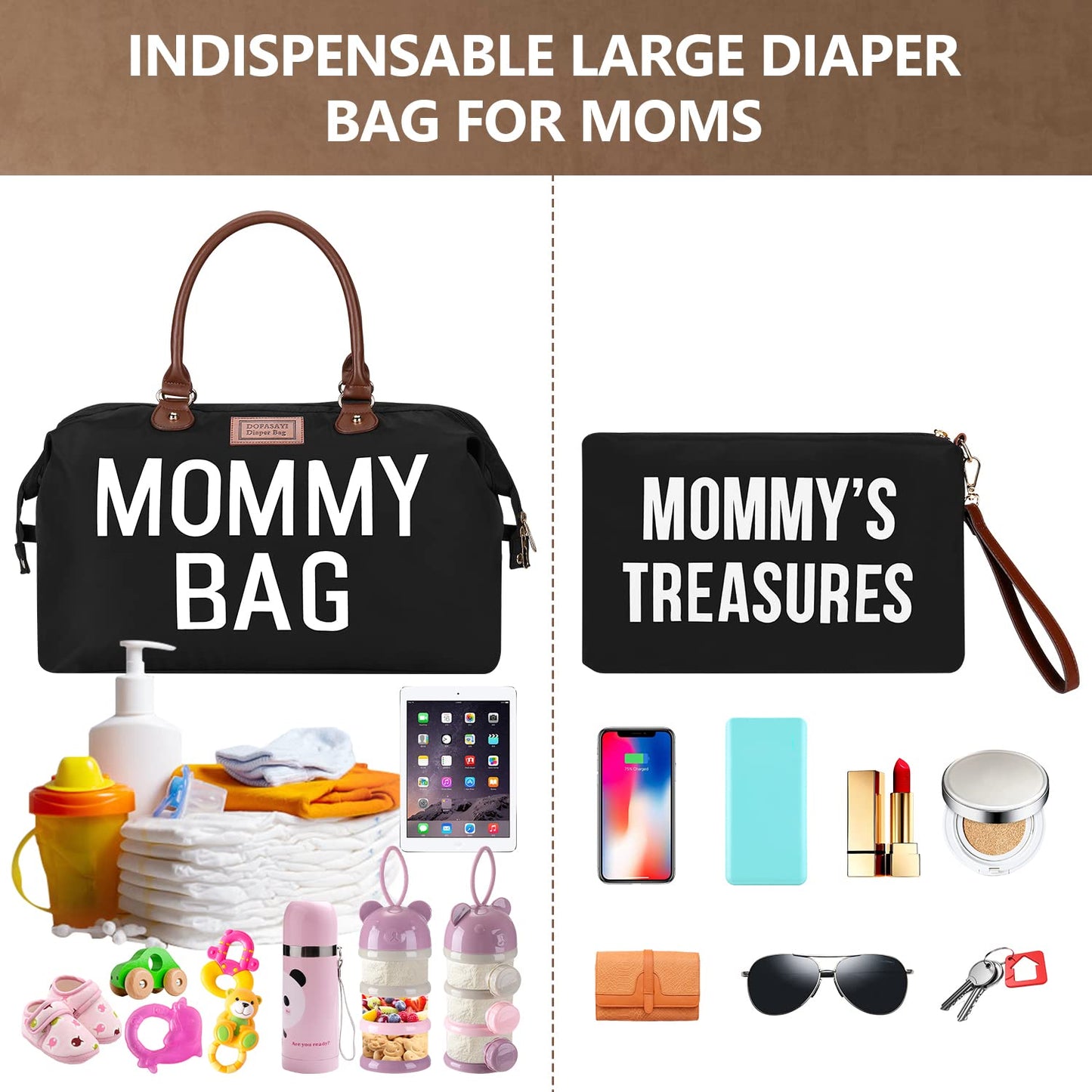 DOFASAYI - Bolsa de pañales para mamá con cambiador, mochila impermeable para pañales para bebé, bolsa grande de artículos esenciales de viaje, unisex, negro