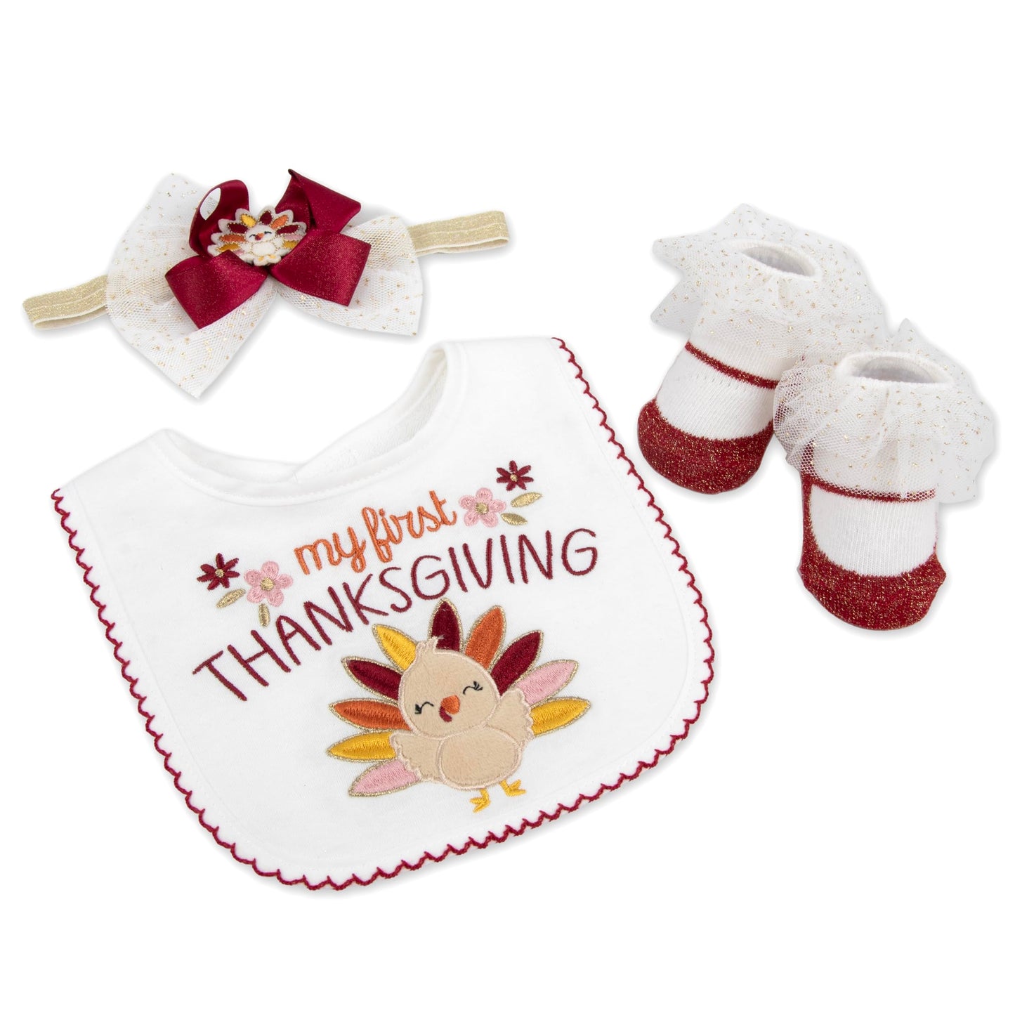 Baby Essentials - Juego de regalo de babero, botines y diadema, accesorio de Acción de Gracias para recién nacidos y bebés (blanco, rojo, mi primer día de Acción de Gracias, 0-12 meses)