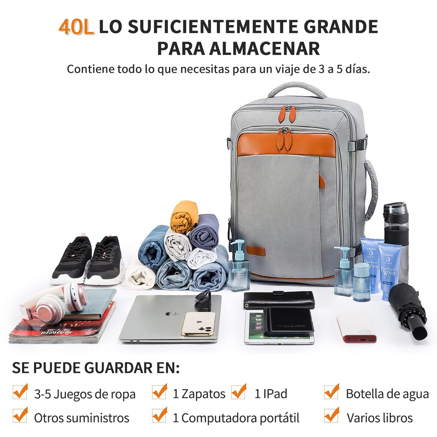 Juego de mochila de viaje de 5 piezas, mochila de equipaje certificada por vuelo extra grande 40 L, maleta expandible con 4 bolsas de almacenamiento, mochila de negocios impermeable, unisex (Gris)
