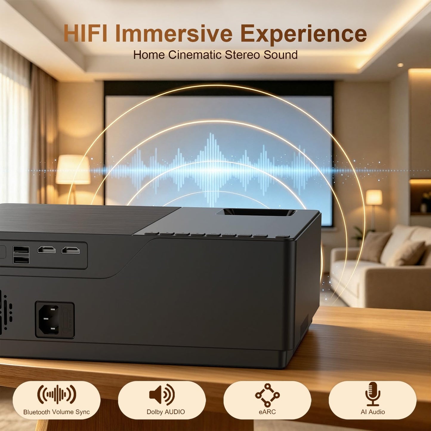 Proyector portátil WiFi/Bluetooth, Nativo 1080p Compatible 4K, Altavoz Integrado y corrección Trapezoidal 6D automática. para Cine doméstico, dormitorios, Techo, Camping y Exterior.