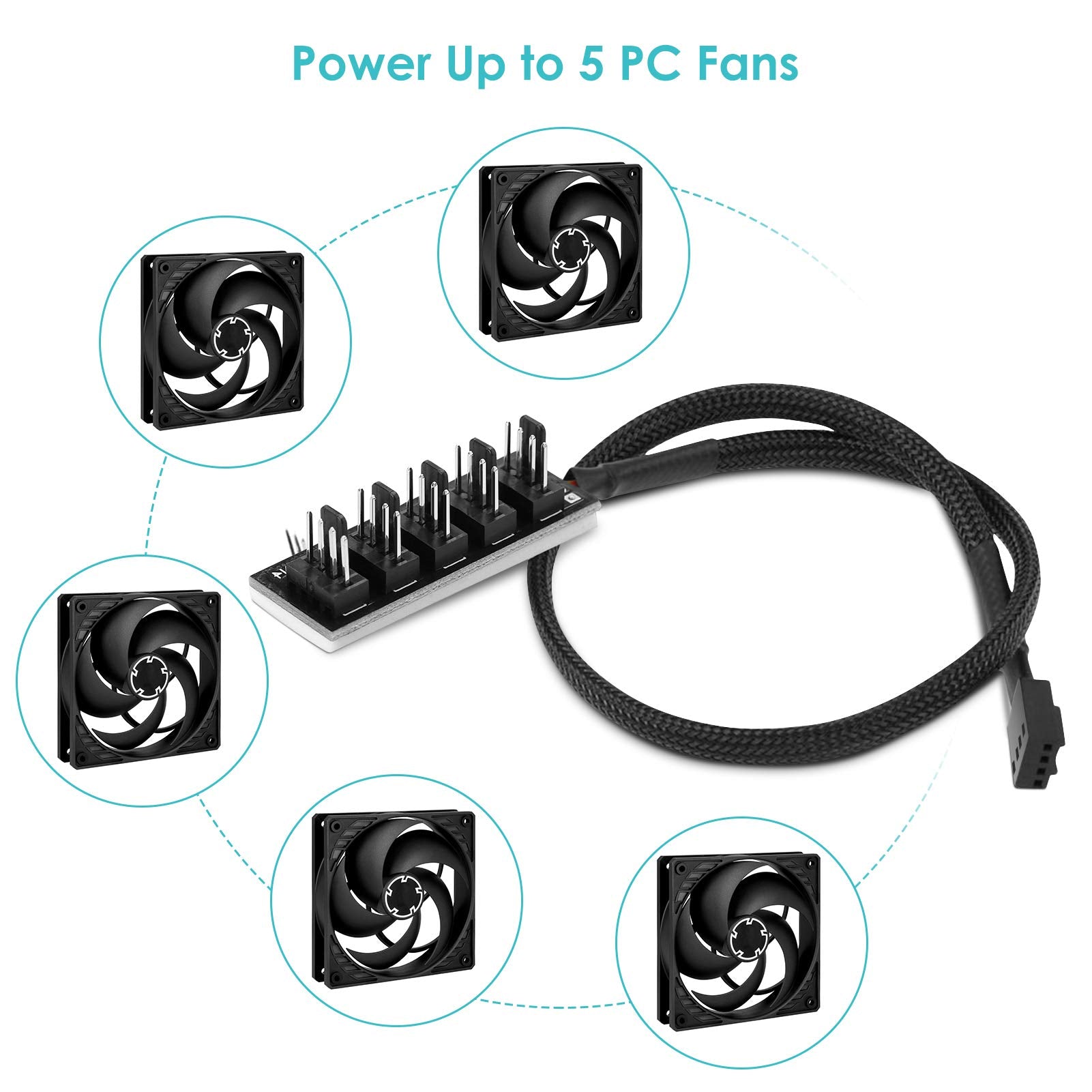 Cable de fuente de alimentación del concentrador de ventilador de PC PWM, concentrador divisor de ventilador de refrigeración de CPU de 5 puertos, para 4 pines 3 pines