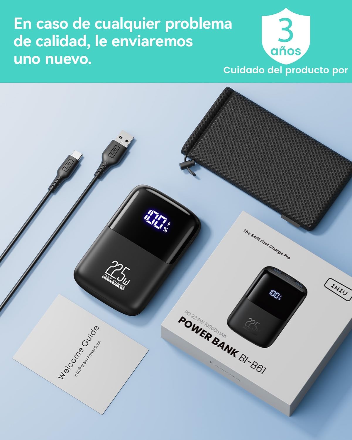 Power Bank INIU Mini 10000mAh USB C Carga Rápida PD3.0 QC4.0 para iPhone Samsung iPad Xiaomi Huawei Google