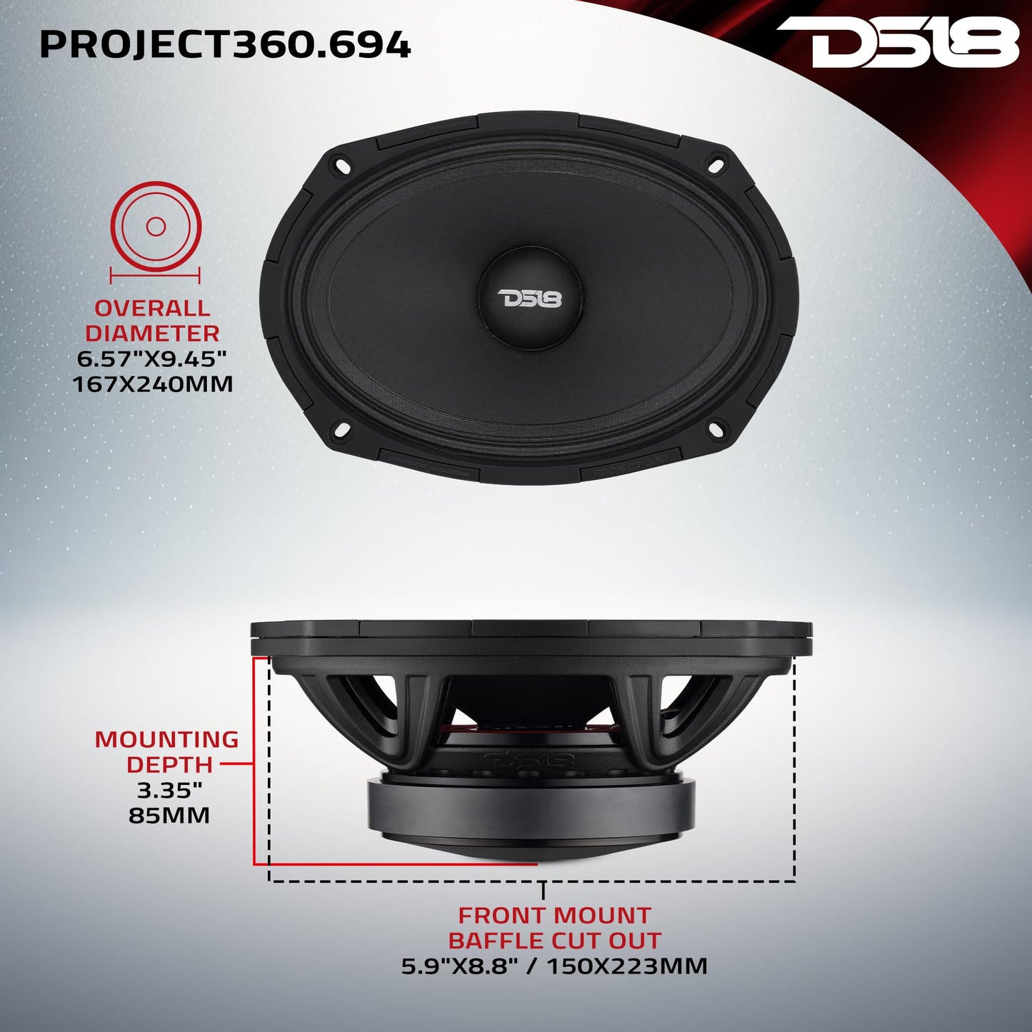 DS18 PROJECT360 Altavoz medio alto de alta sensibilidad de 6 x 9 pulgadas, 300 W RMS 4 ohmios, diseño giratorio de Recone para una reparación rápida
