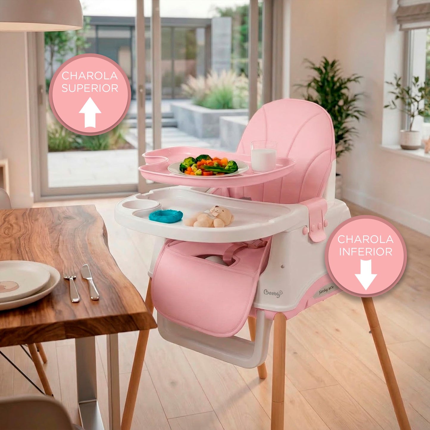 BEBBLY Silla Alta para Bebé con Patas de Madera Antiderrapante Asiento Ergonómico con Charola y Arnés de Seguridad Ideal para Comer o Jugar Niños y Niñas desde 6 Meses Moderna y Fácil de Limpiar