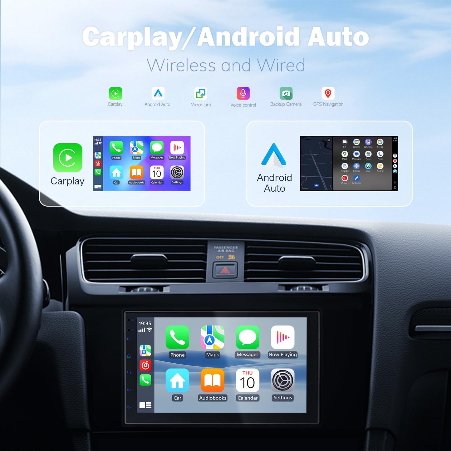Haudio Estéreo de coche de 7" doble DIN con Apple CarPlay inalámbrico y Android Auto, Radio de coche Bluetooth con pantalla táctil, navegación GPS, Android 13, 2G+32G (Sin cámara de reversa)